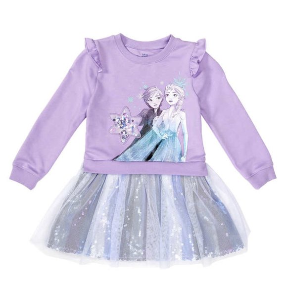 🖤 ONLY 2 LEFT! 🖤 Disney Kids' Sweatshirt Dress Frozen Ruffle Shoulder - Purple - Picture 3 of 4